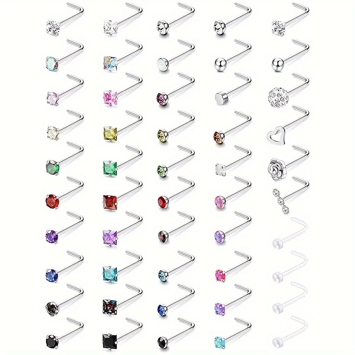 

50pcs Hypoallergenic 20g Stainless Steel Nose Rings, L-shaped Septum Piercing Jewelry With Cz Gemstones - Assorted Colors And Designs For Men And Women, Ideal For Or Gifting, Use, Nose Piercing