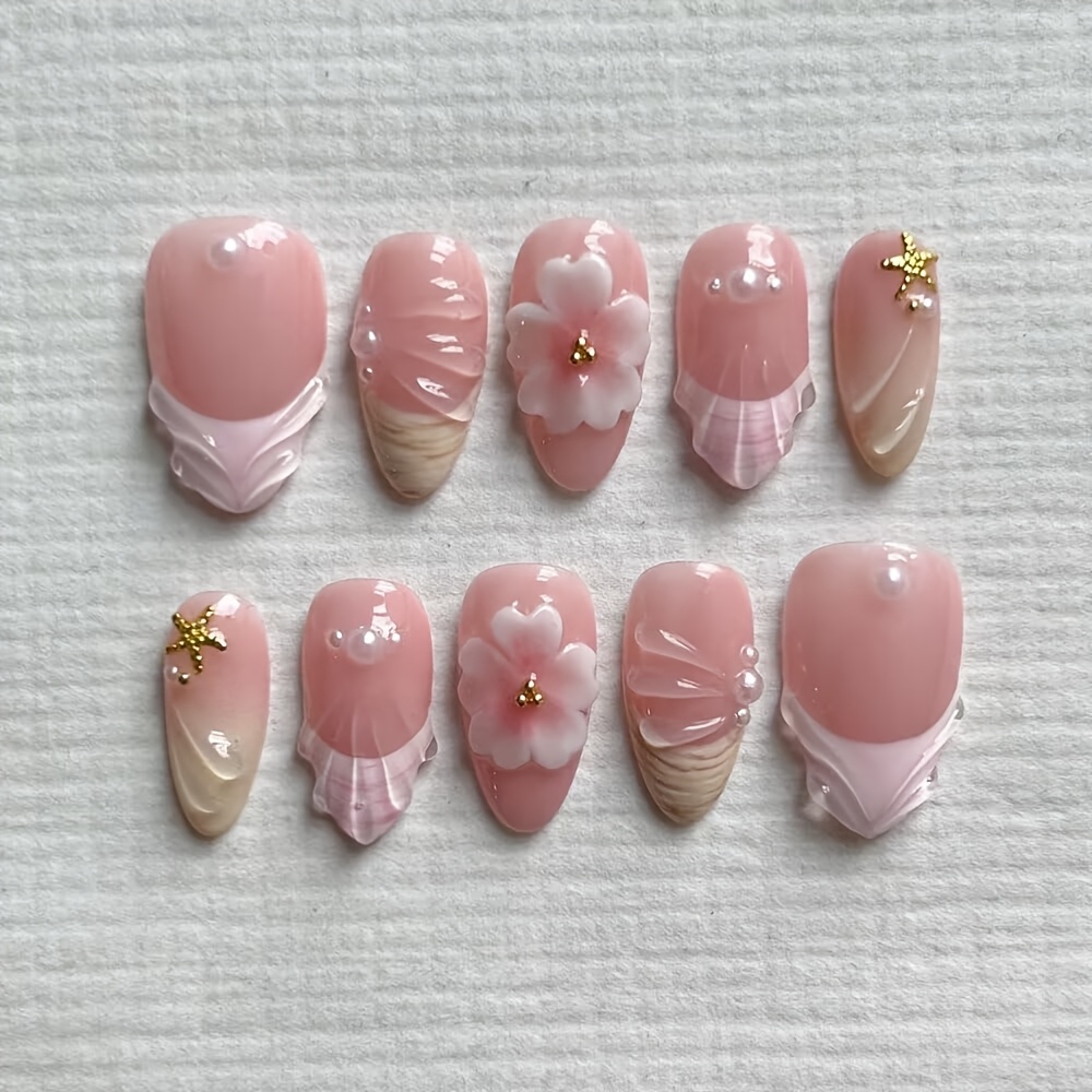 E-shop DANArtlux Kurze ovale Aufklebenägel für Damen – Wiederverwendbare French-Tip-Künstliche Nägel mit Blumendesign, glänzende vollüberdeckende
