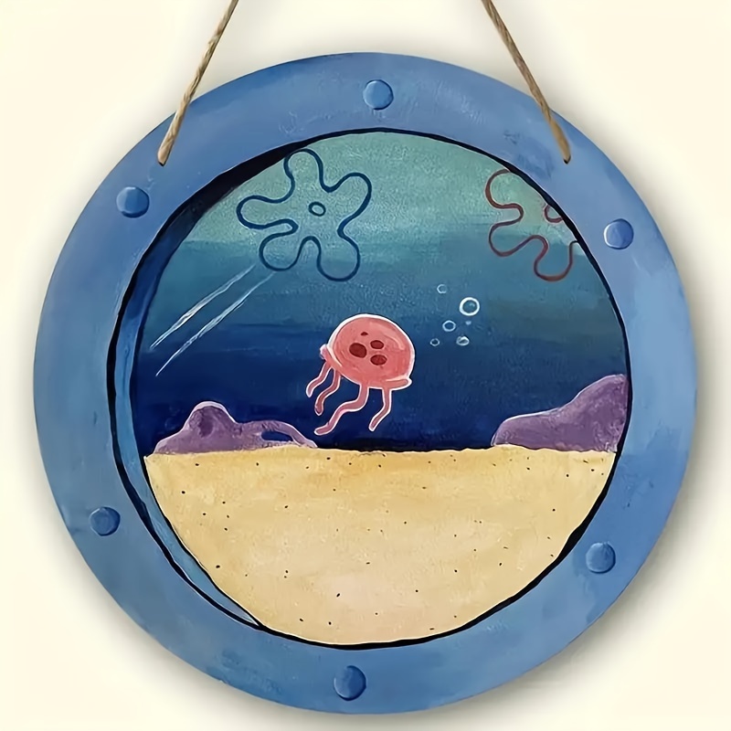 

1pc "" Charming Jellyfish Underwater Theme Wooden Hanging Sign - Rustic Farmhouse Decoration, Suitable For Kitchen And Cafe Wall, Note Size 8in/20cm