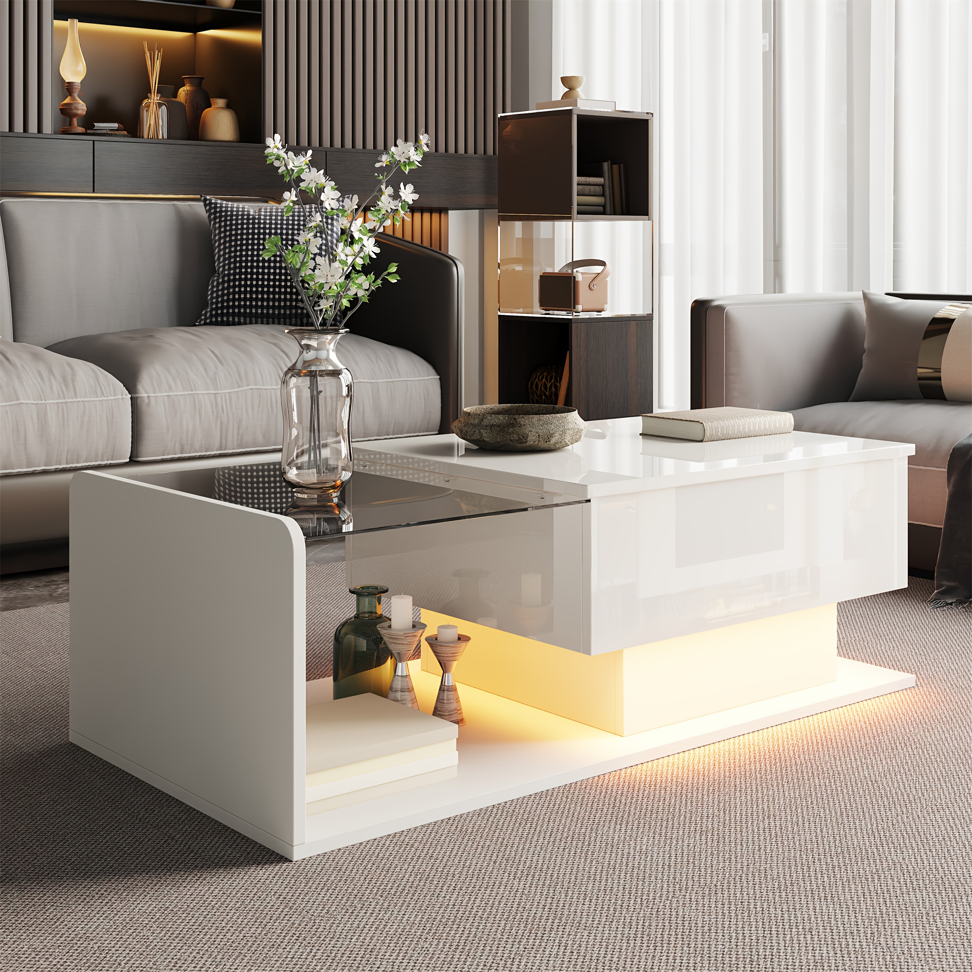 TEMU Modern High-gloss Coffee Table With Storage Shelf - Easy Assembly , Space- Square Top & Lower Shelf, Room Furniture, Durable Bamboo Material,