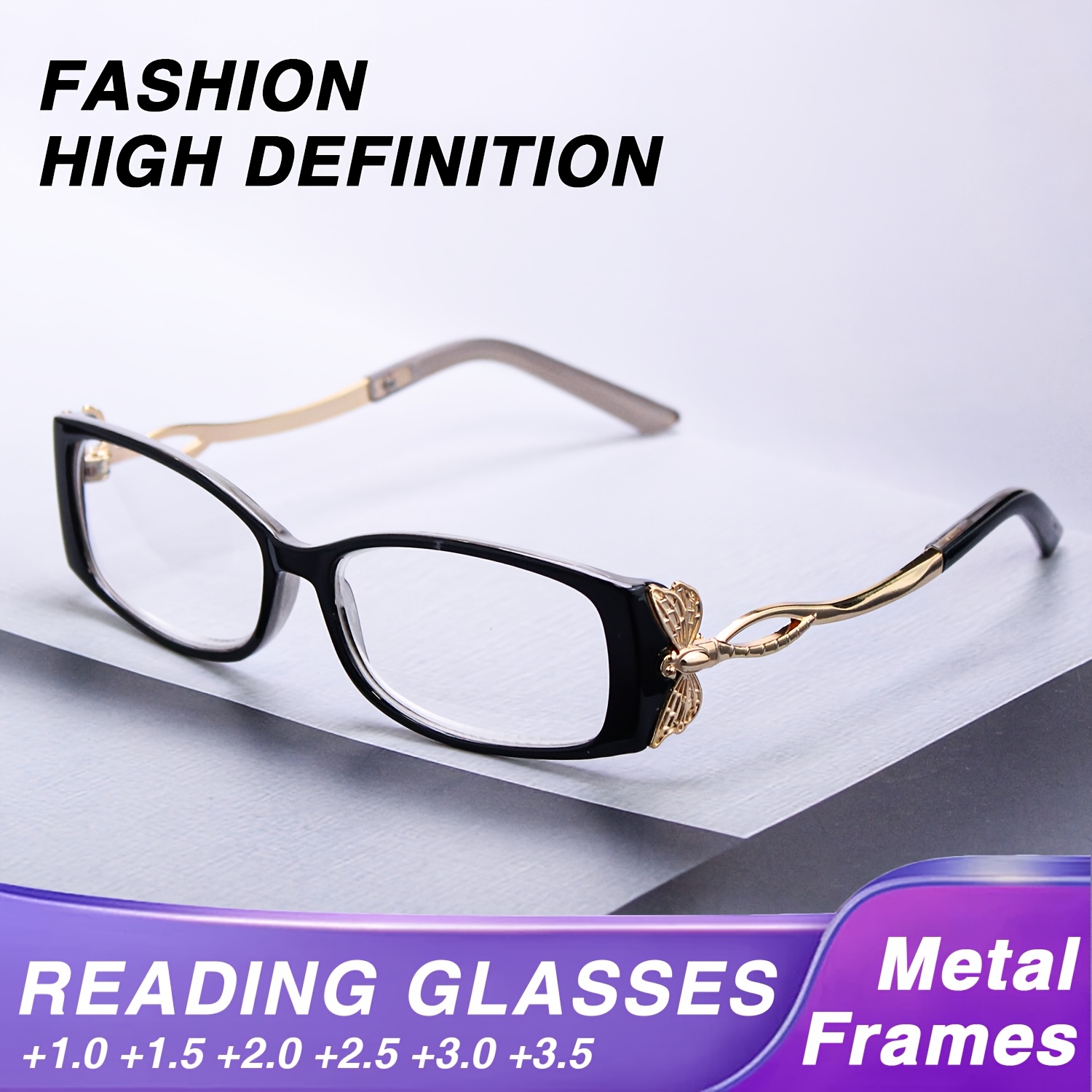 Small-Framed Rectangular Reading Glasses with Dragonfly Motifs