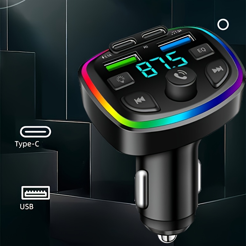 Draadloze Autolader voor Alle Smartphones met FM-Zender, USB/Type-C Snelladen, Handsfree Bellen, Aansteker Voeding, ABS Aansteker Insteek (Geen Batterij) - Smartphone Compatibiliteit, Dubbele USB & Type-C Poorten