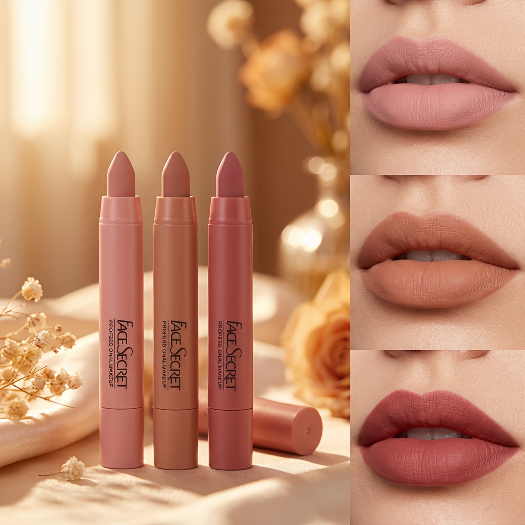 3pcs wax based crayon lipstick set waterproof long lasting matte lip color with rich nude shades suitable for   tones blurs lip lines new year valentine day gift details 1
