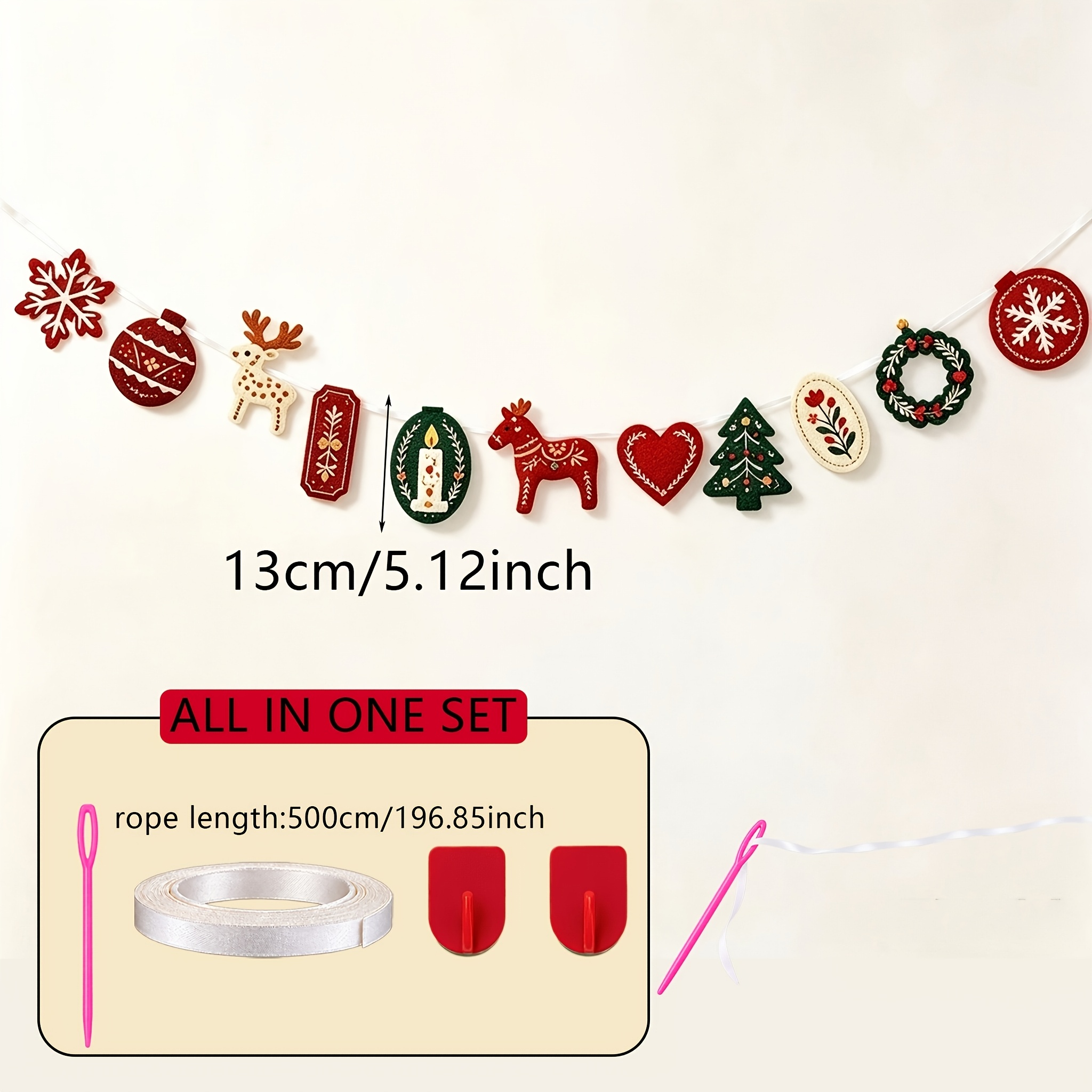 TEMU 11-teilig, Skandinavisches Filz-Weihnachts-Girlanden-Banner, Vintage-Weihnachts-Wimpelkette mit Rentier, Dala-Pferd, , Kerze, Baum, Kranz, 78,74