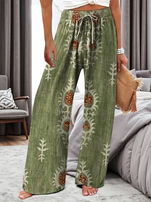 dagelijkse vakantiemode voor dames met print, strik, losvallende, comfortabele, bijpassende casual broek - etnische 0459