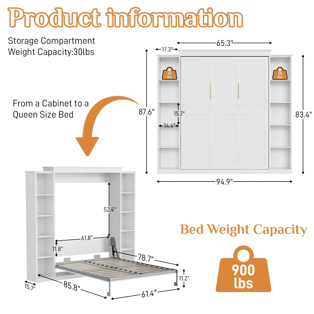 Queen Murphy Bed Cabinet with 5-Tier Adjustable Shelves - Space-Saving Wall Bed, Heavy-Duty Foldable Platform Bed Frame, Modern Murphy Bed for Small Apartments, Guest Rooms, Home Offices - Easy Assembly, No Box Spring Needed, Apartment Living, Minimalist Furniture, Highquality Build, Apartment Dwellers
