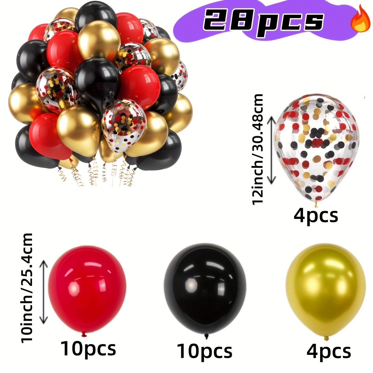 TEMU 28pcs - Ballons en latex rouge, noir et doré pour anniversaires, , remises de diplômes et fêtes - Ensemble de décoration d'événement polyvalent,