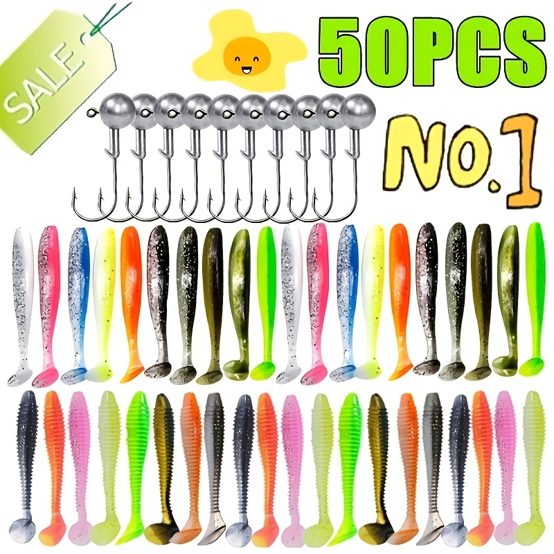 

New 50pcs/box Soft Fishing Lures Kit Silicone Lure Set Artificial Bait Worm With Crank Jig Head Hook Fishing Tackle Accessories