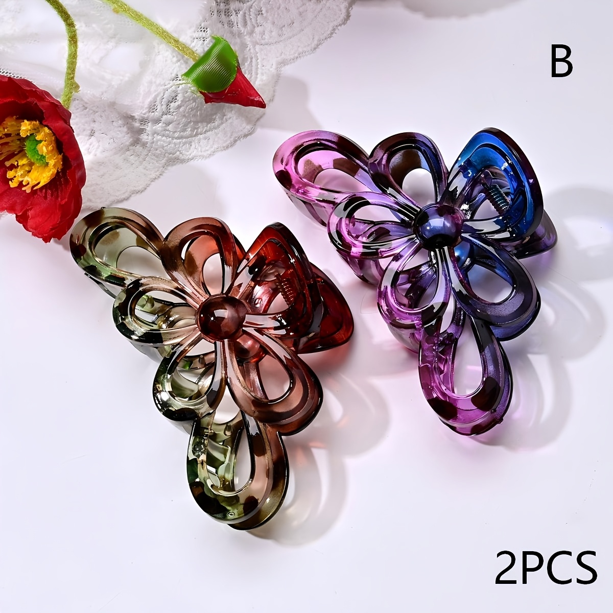 Image of 2pcs Women's Leopard Print Series Gradient Ombre Hollow-out Rose Medium Hair Claw Clips, Simple And Elegant Romantic Back-of-head Updo Hair Accessories