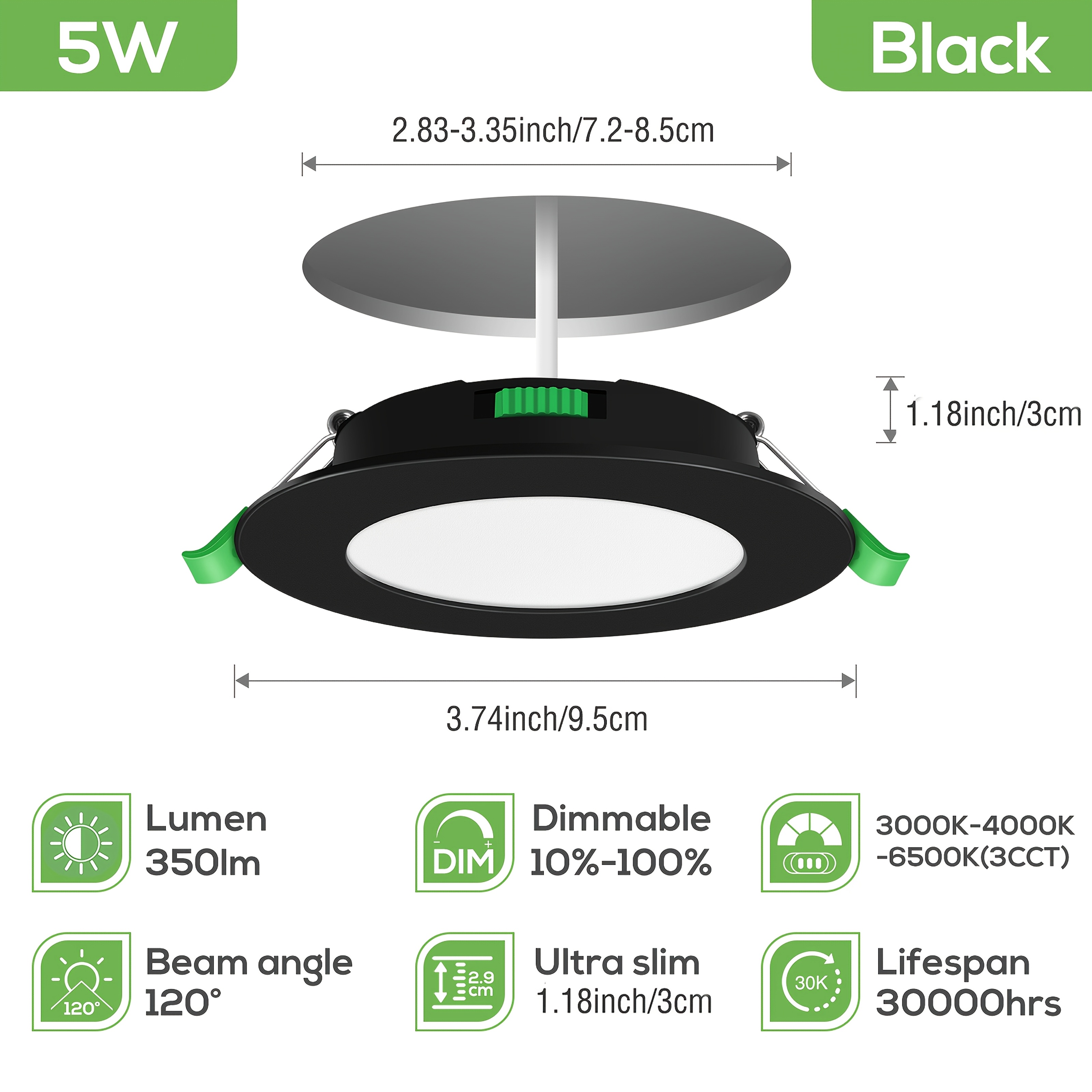 6pcs Alusso Led Recessed Ceiling Spotlights, 230v, 5 W, 72-85mm Cutout, Dimmable Ultra-flat , 3000k/4000k/6500k 3cct In One, For Kitchen, , Bedroom, Living Room