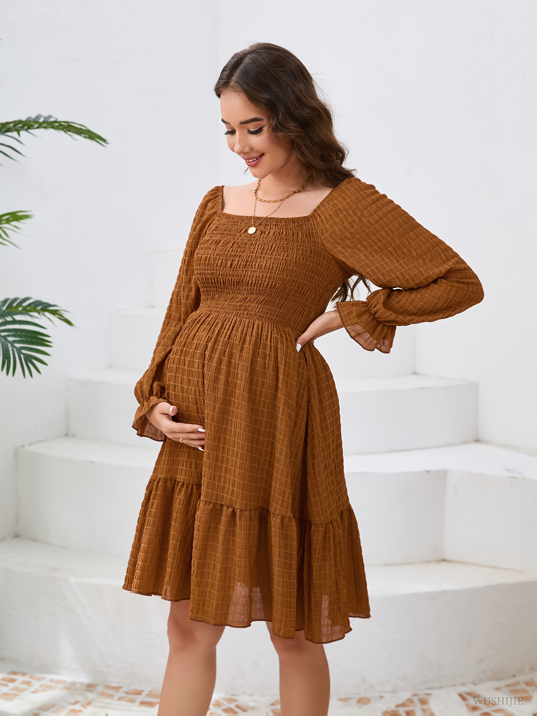 chinese dress ladies Brown Square Neck Fitted Long Sleeve Maternity Maxi Dress – PinkBlush main image 1