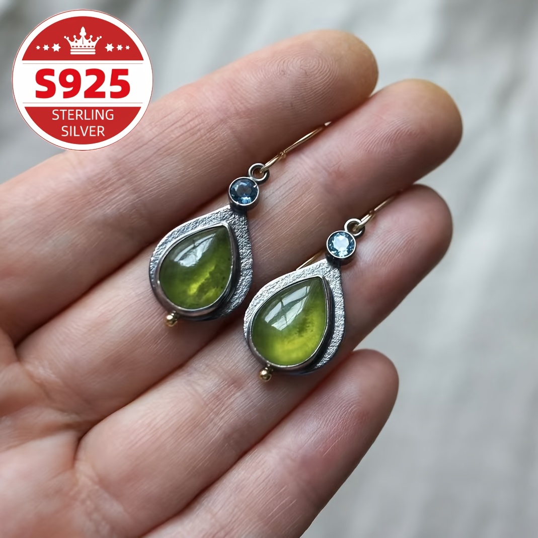 Women's S925 Sterling Silvery Inlaid Green Retro Earrings