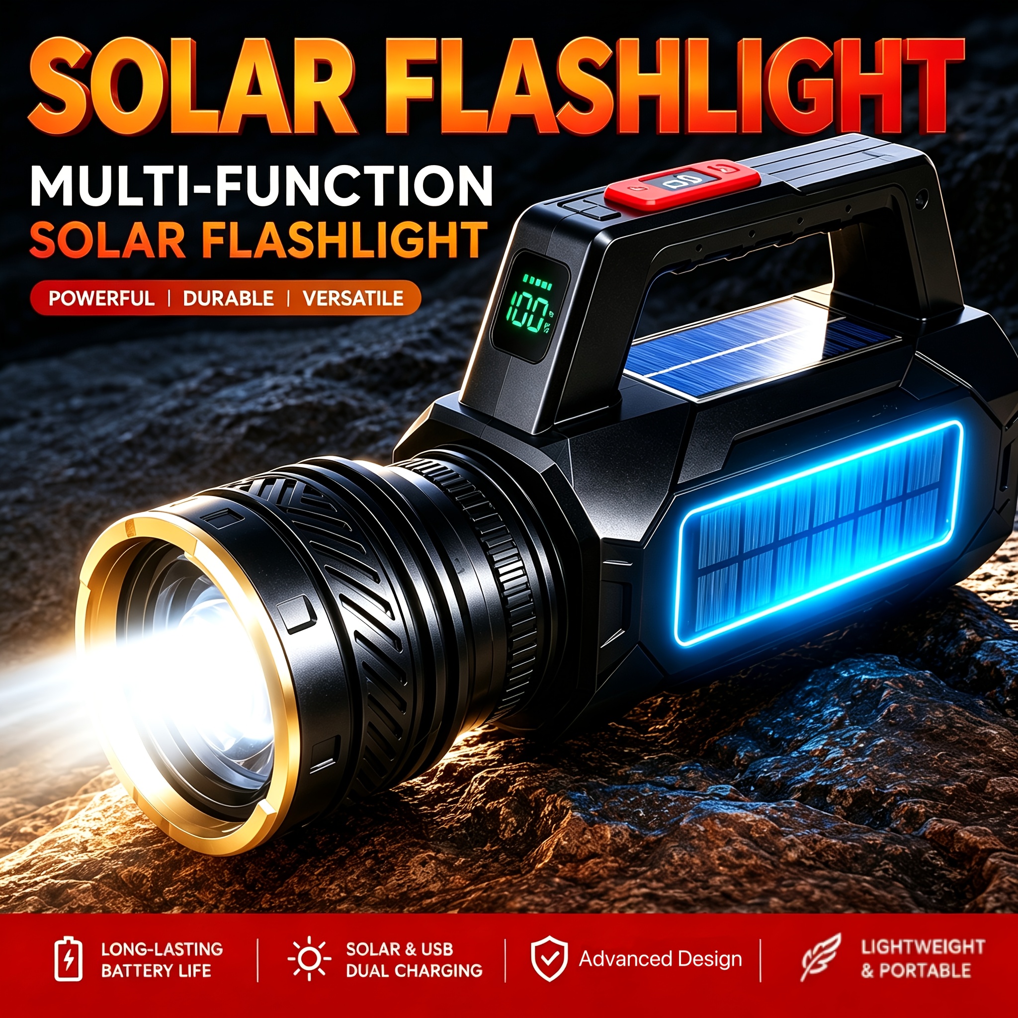 TEMU Portable Solar Flashlight, Flashlight Rechargeable Portable Work Light Hurricane Emergency Camping Flashlight Red And Blue Light Emergency