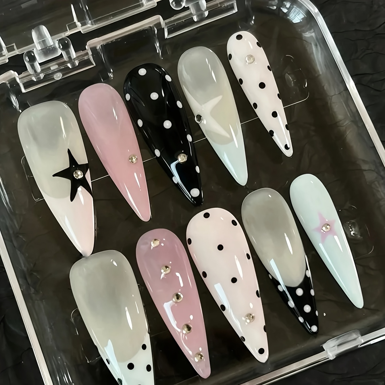 TEMU 10pcs Faux Ongles Longs en Pressés à , Couleur Douce et , Faux Ongles Longs en Stiletto à Pois et Étoiles, Faux Ongles Longs en Stiletto à Pois