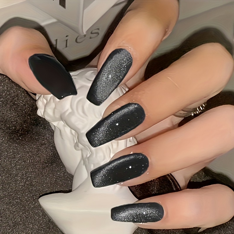 Image of 30pcs Medium Coffin Shape Black Cover Press-on Nails, High-quality Fake Nails For Women