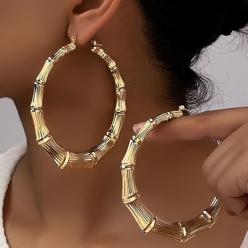 E-shop 2 Stück 14k vergoldete große Bambus-Hoop-Ohrringe, hohle Guss-Hip-Hop-Stil Damenohrringe, goldfarbenes Hoop-Ohrring-Set für Frauen