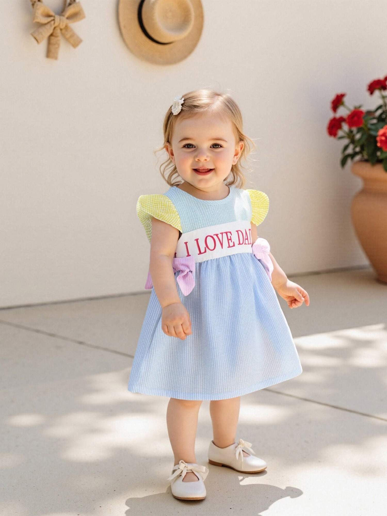 Baby Toddler Girl Summer Dress with &*;* Daddy&*; Embroidery, Striped  Trim Flying Sleeves Lightweight Breathable Casual Playwear, Machine