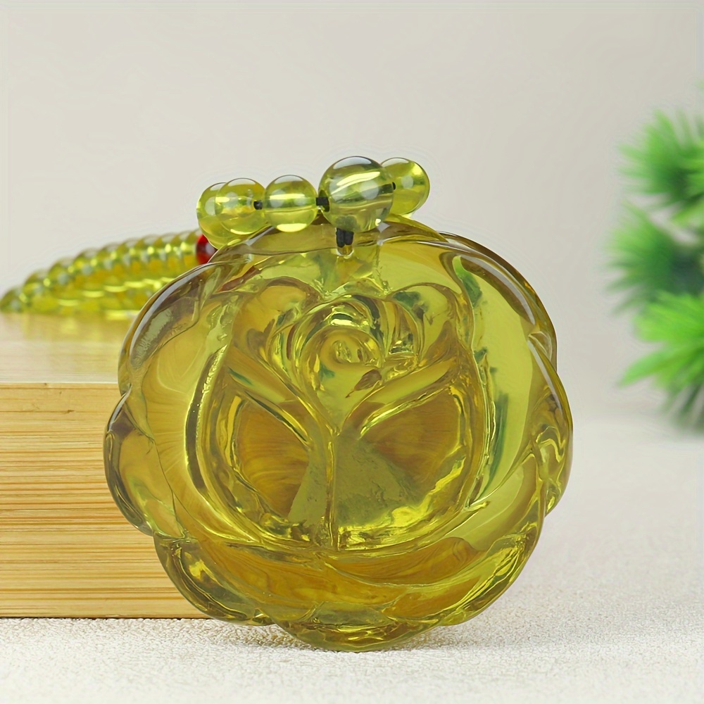 Amber Yellow Rose Carved Pendant Necklace, Boho Style