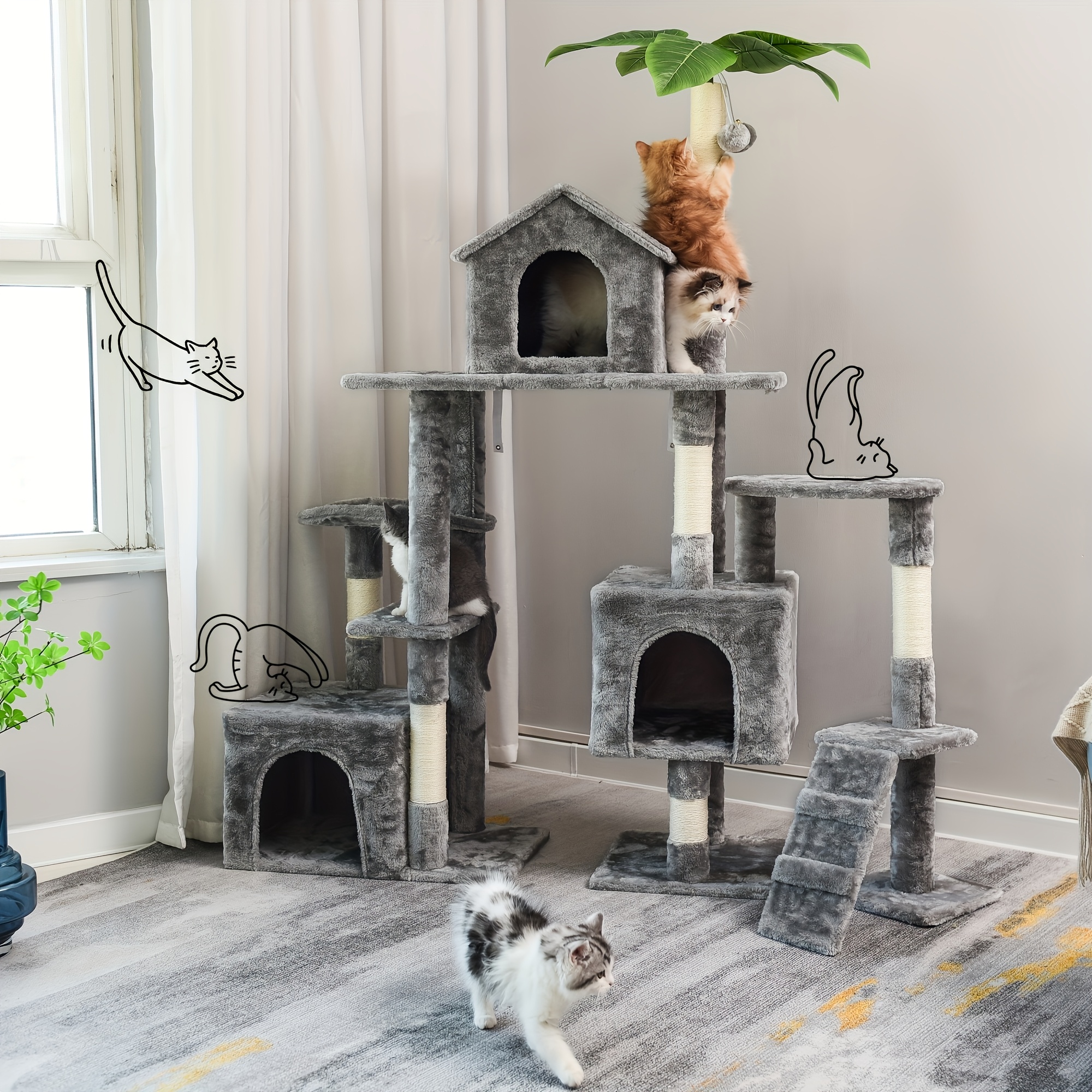 E-shop Deluxe 59-Zoll Split-Design Katzenbaum - Mehrstöckiges Kletterhaus mit Plüsch & Holzkonstruktion, abnehmbare Kratzpfosten, gemütliche
