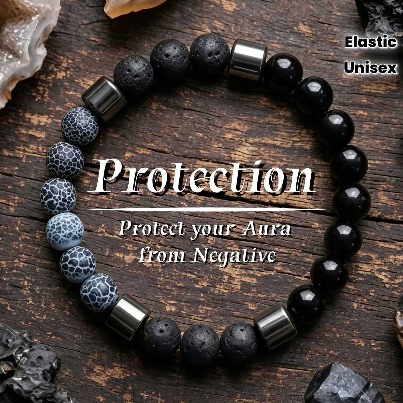 TEMU 1 Stylish Vintage Protective Bracelet, Made Of Natural Weathered Black Onyx, Featuring 8mm Charm Beads On An Elastic Cord. A Unisex Success