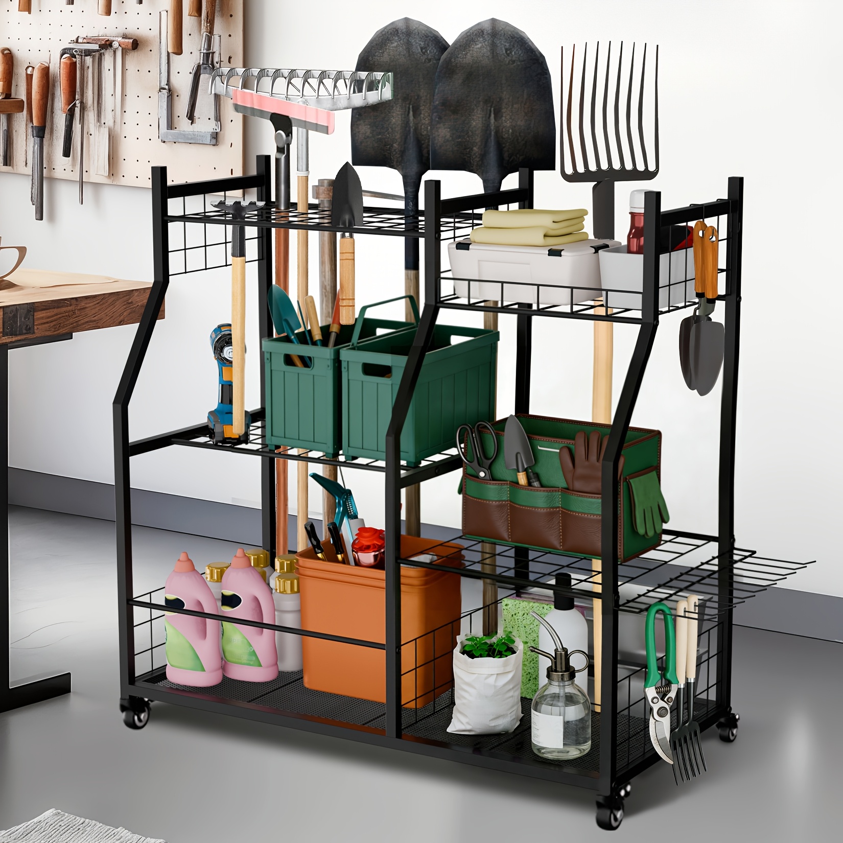 TEMU Organisateur d'outils de jardin avec roues pour garage, grande de stockage, râteaux, pelles, support de rangement pour outils de jardin pour ,