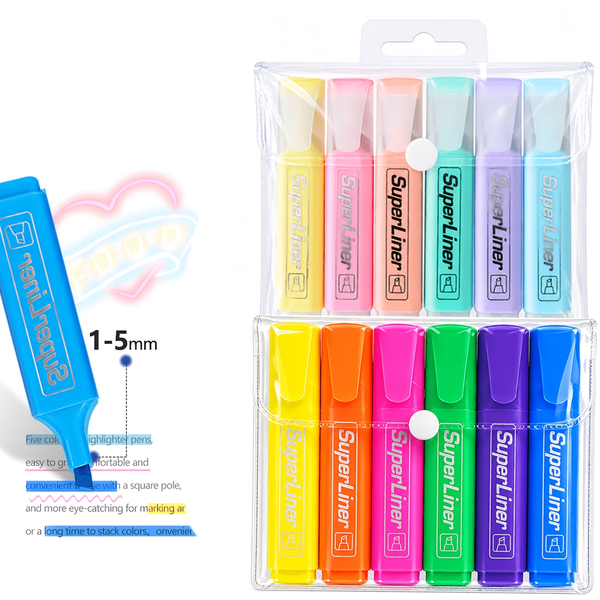 TEMU [fluorescent Pen Set]12pcs Fluorescent Pen Set, Featuring Fluorescent Colors And Soft Markers, Quick-drying, , With A Line Width Of 1-5