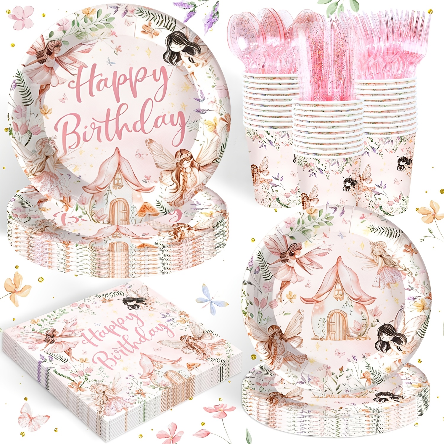 TEMU 175pcs Birthday Tableware Set With A Fairy Theme - Comes With 50 Sturdy Disposable Paper Plates, Napkins, Cups, Forks, Knives, And Spoons,