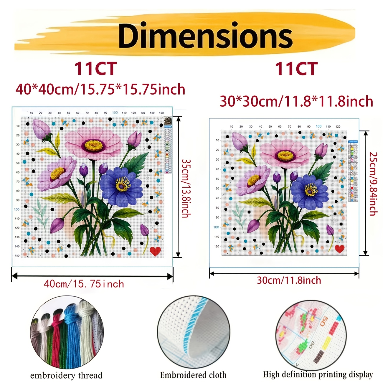 Cross Stitch Printed Kit, Frameless, "Colorful Floral Illustration" Pattern