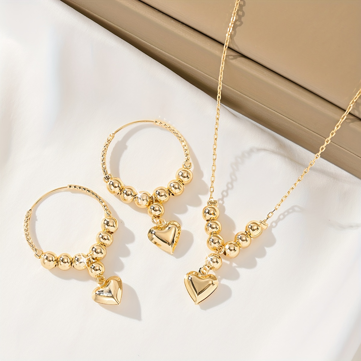 TEMU 2pcs Minimalist Glossy Bead Pendant Heart 18k Golden Plated Women Jewelry Set Necklace Earrings