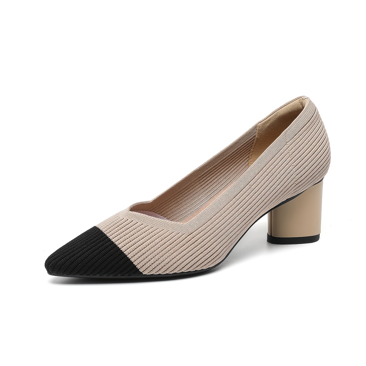 TEMU Women' Color Woven Chunky Heel Pointed Toe Shallow Mouth High Heels, Breathable And Skin-friendly, Straight Knit, Daily Banquet, Workplace