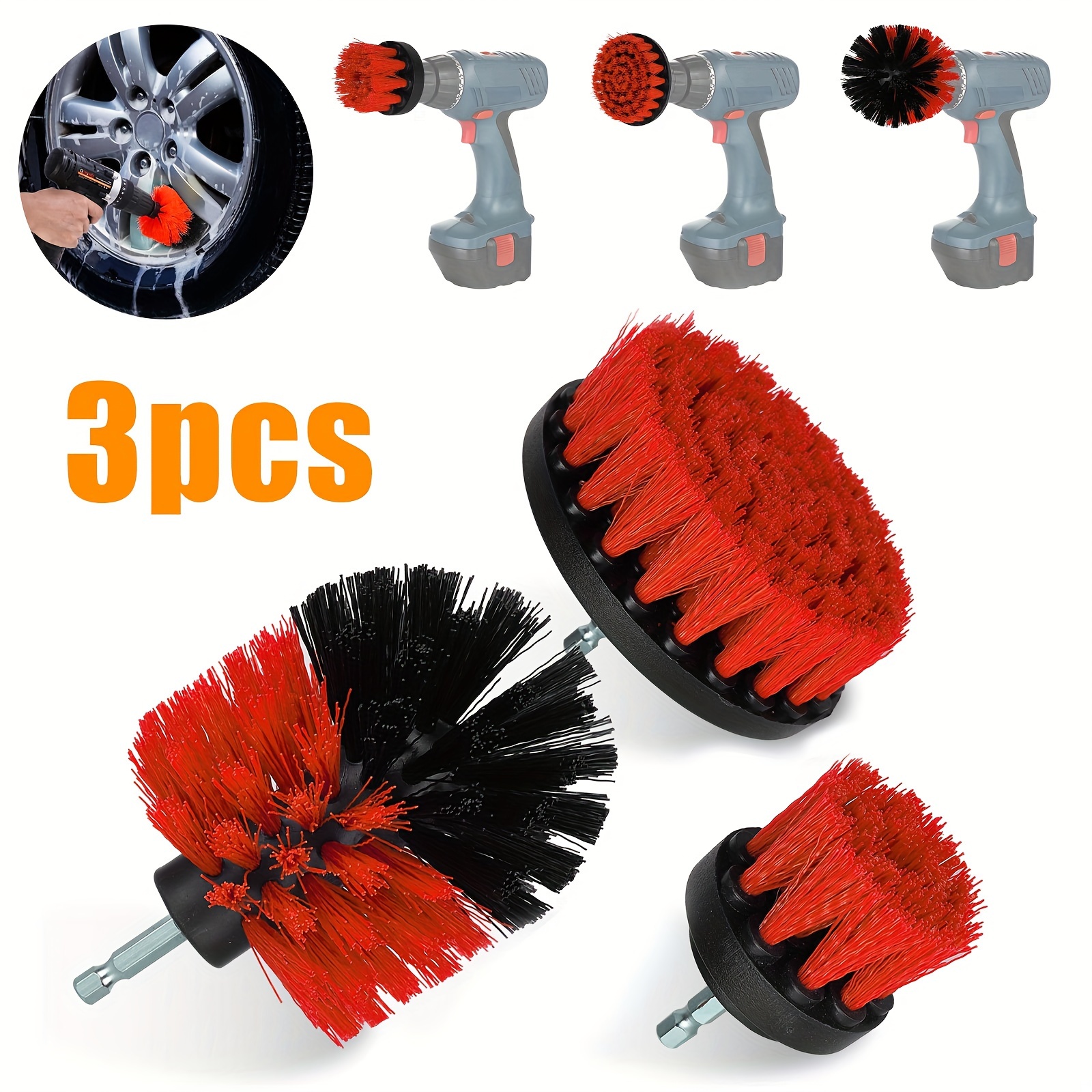 

3pcs/set Car Drill Brush, Car Wheel Tire Rim Scrub, Red Drill Washing Cleaning Tool Brush, For Auto Detailing