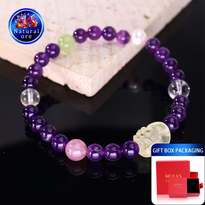 Gemstone Bracelet in Gift Box - Purple Stone Stretch Cord Bracelet