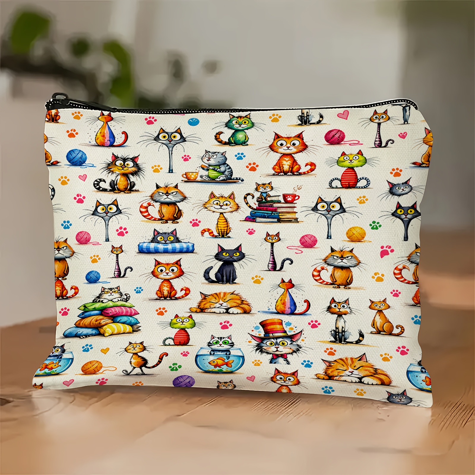 TEMU Cute Cat Makeup Bag A Fun, Doodle-style Pouch Featuring Colorful Cartoon Cats, Yarn Balls, And Heart Patterns. Storing Cosmetics, Jewelry, Or
