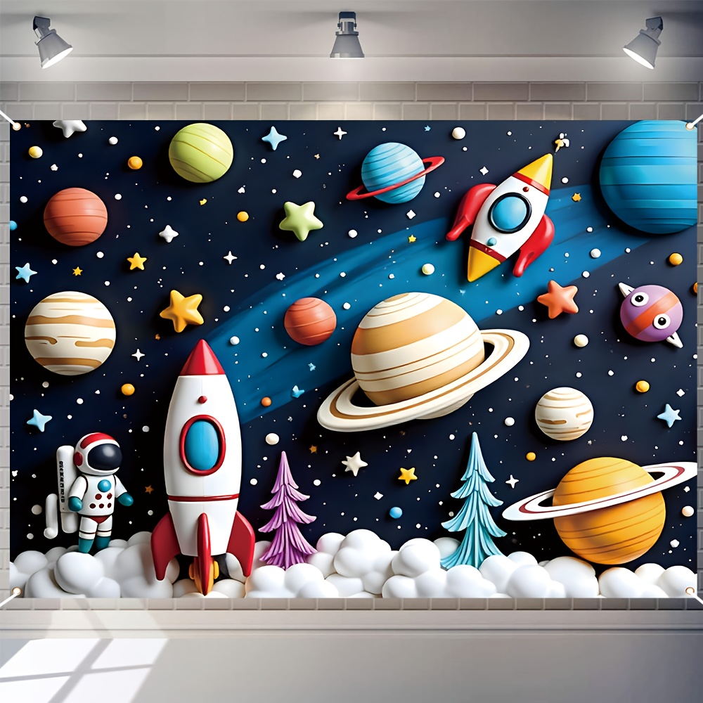 

1pc Vibrant Banner - 82.7" X 59.0" Polyester Backdrop With , & Astronaut - Foldable, Washable Wall & Yard Decoration For ' Birthday Parties, Space Party Decorations