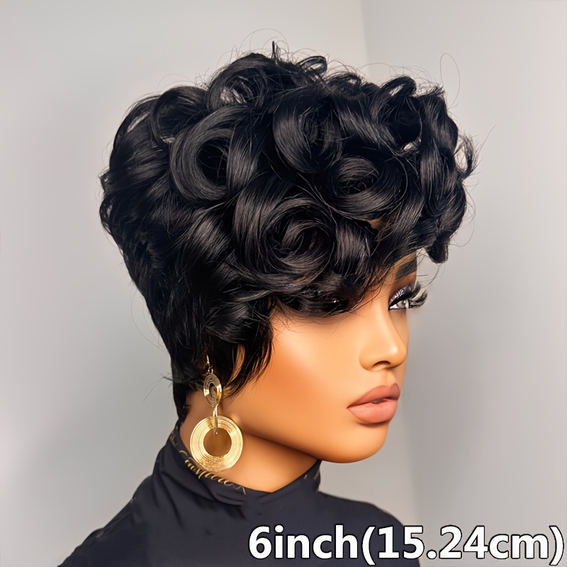 TEMU Perruque courte et lâche en cheveux humains bouclés, perruques en cheveux brésiliens pour femmes, 6 pouces, de 180 %, à , perruque cut colle,