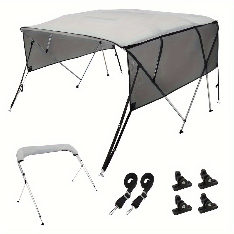 

4 Bow Bimini Top Boat Cover, Detachable Mesh Sidewalls, 600d Polyester Canopy With 1" Aluminum Alloy Frame, Includes Storage Boot, 2 Straps, 2 Support Poles, 8'l X 54"h X 85"-90"w, Light Grey