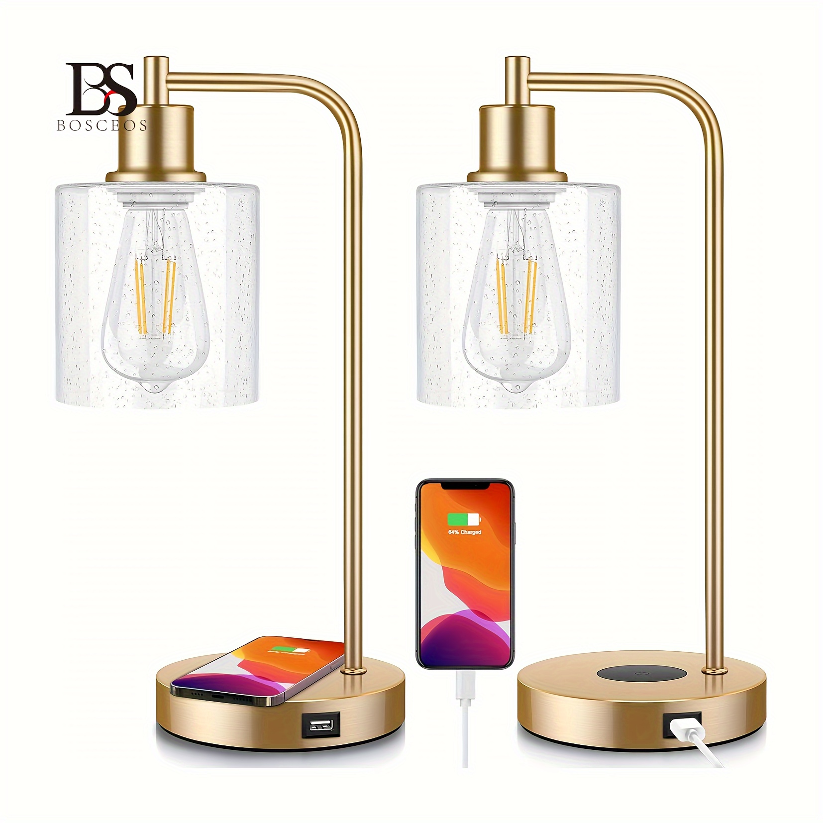 

Bosceos Set Of 2 Wireless Charging Industrial Table Lamps 3-way Dimmable Desk Lamp With Usb Bedside Lamp With Hanging Seeded Glass Shade For Office Bedroom Living Room, Bulbs Included