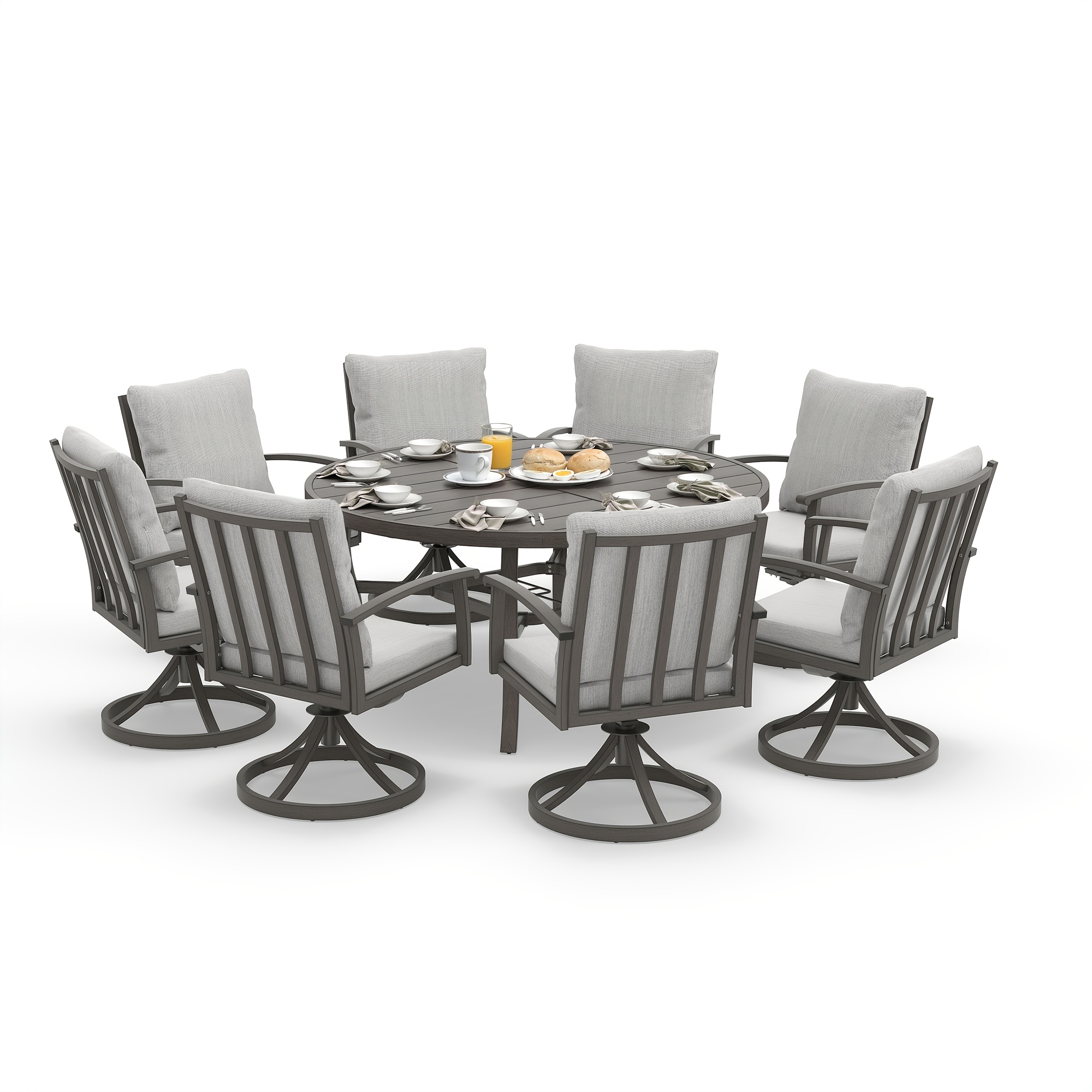 9pcs Aluminum Outdoor Dining Table And Chair Set, Suitable for 8 People, The Set Includes 1 Round Table, 8 Chairs, with Cushions And Back Cushions, Suitable for Outdoor Garden Terrace Furniture Set