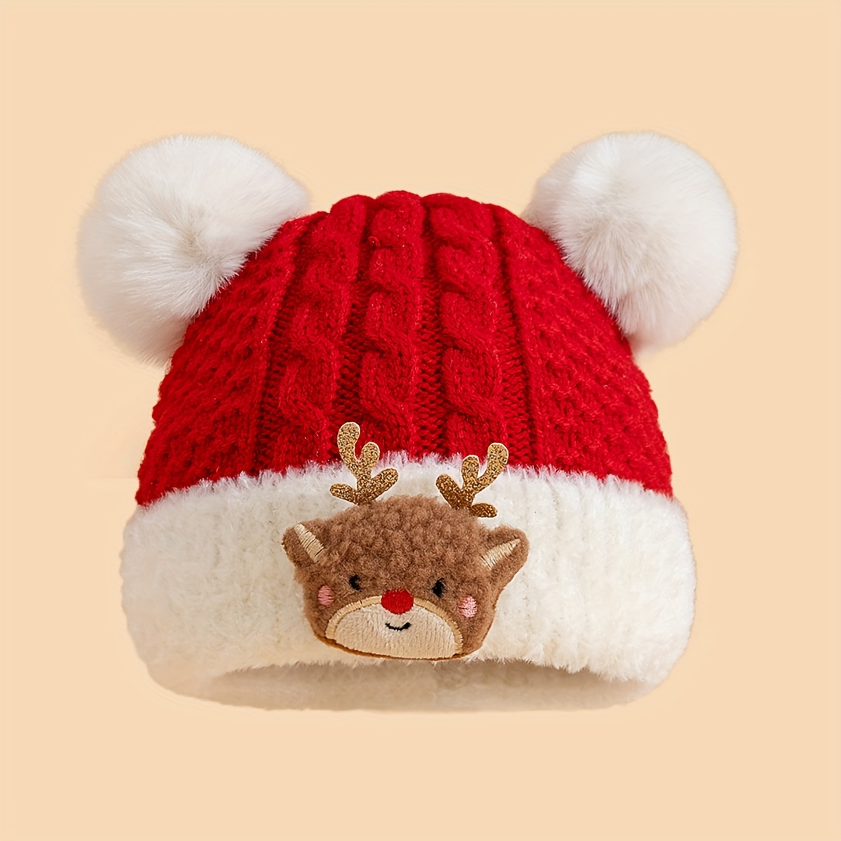 Image of Baby Christmas Reindeer Decor Double Ball Hat, Soft And Warm Winter Hat For Boys And Girls, Suitable For Daily Wear, Christmas