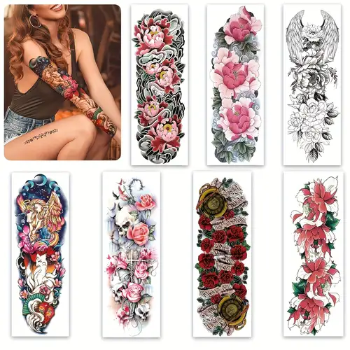 6 hojas de mangas de tatuaje temporal de flores grandes para mujer,  impermeables, color negro, rosa, realista, tatuajes temporales completos  para