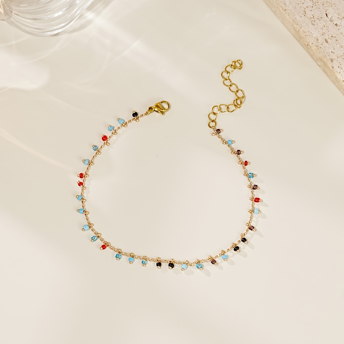 E-shop Damen-Fußkettchen, schlichtes stilvolles Fußkettchen aus Edelstahl mit farbigen Perlen dünner Kette, Schmuck-Accessoire für Partys, ,