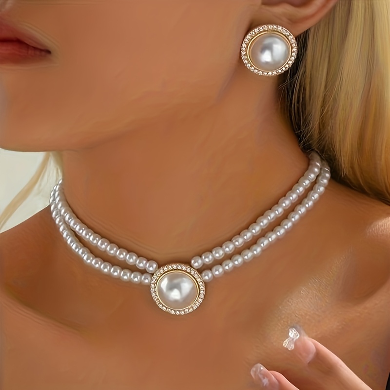 TEMU Elegant 2pcs Women's Jewelry Set - Pearl Double Layer Necklace And Earrings, Accents, Acrylic - Ideal For Weddings And Formal Events