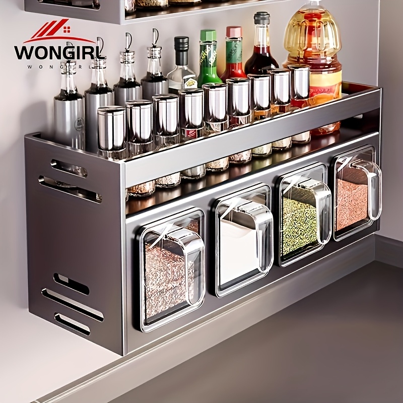 

Wall-mounted Spice Organizer Set - Aluminum, No-drill Installation, Includes Seasoning Containers & Canisters For Kitchen And Dining