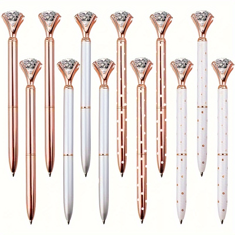 

12 Pcs Crystal Diamond Pens, Metal Ballpoint Pens, 4 Colors, White Polka Dots, Twist Closure, Medium Point, Barrel Structure, Suitable For Ages 14 And Up