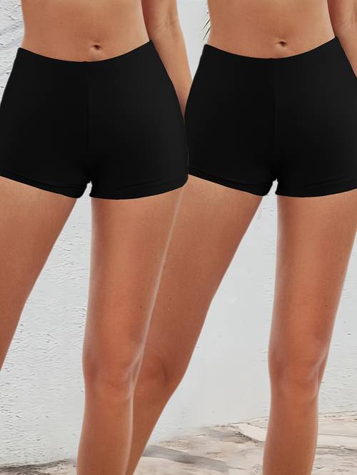 2 pack qvr womens summer solid color high stretch knit trunks polyester 82 spandex 18 fashionable casual sportswear lightweight 190g m fabric black and pack