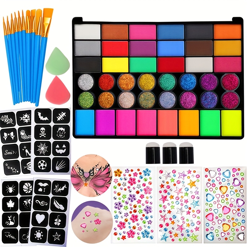 42   painting 3 self   jewelry stickers multiple tattoo stickers 2 sponge brushes 42 color fluorescent glitter multicolor set with body painting template diy makeup templates and 10 brushes for cosmetics party birthday halloween christmas facial and body paints