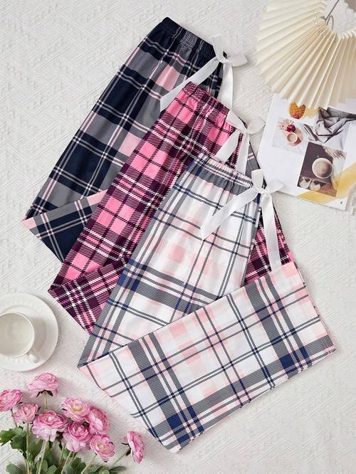womens three piece set with bow belt and plaid print features comfortable fabric and a loose fit for with exquisite plaid patterns elastic waist pants offer a cozy and relaxed and ensemble