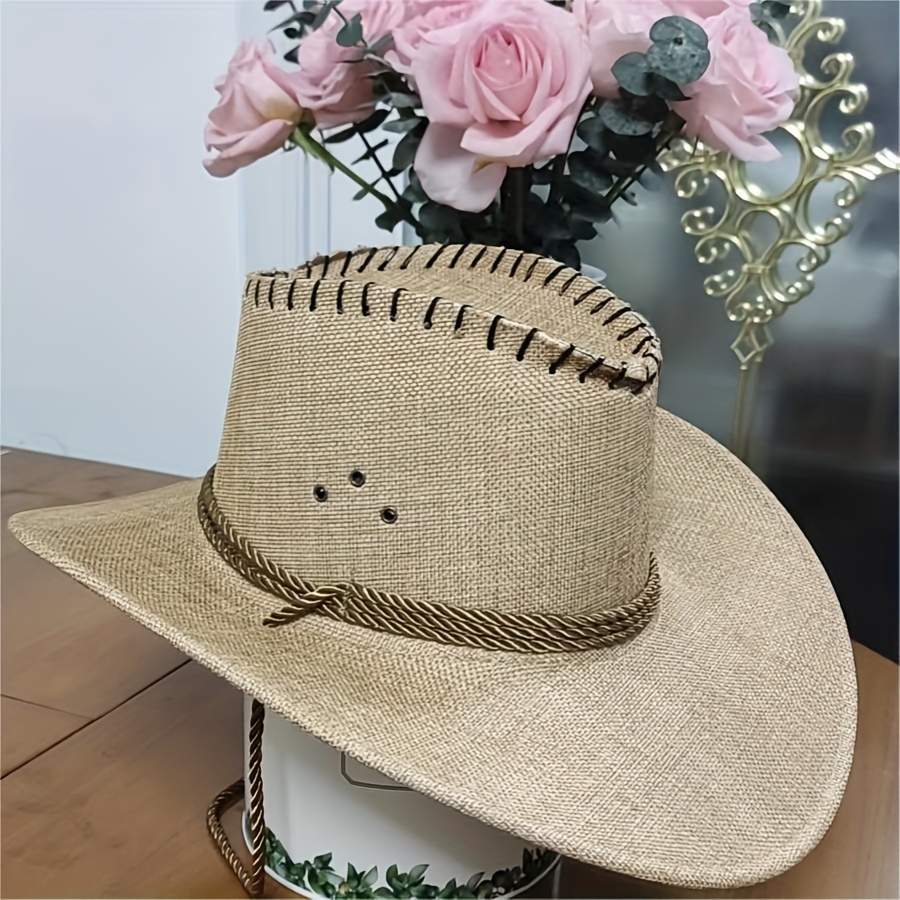 Solid Color Wide Brim Cowboy Hat Adjustable Sun Hat Leisure Style Sunshade Beach Hats For Women - Click Image to Close
