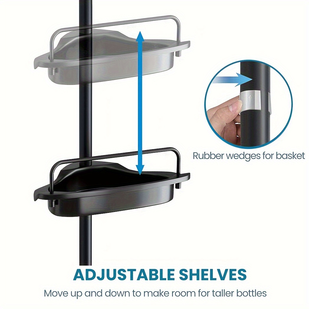 Odporny na rdzę plastikowy narożny kosz prysznicowy do organizowania i przechowywania szamponu i akcesoriów w łazience lub wannie, z regulowaną czteropiętrową półką z teleskopowym prętem, rozciągającym się od 56 do 289,56 cm.