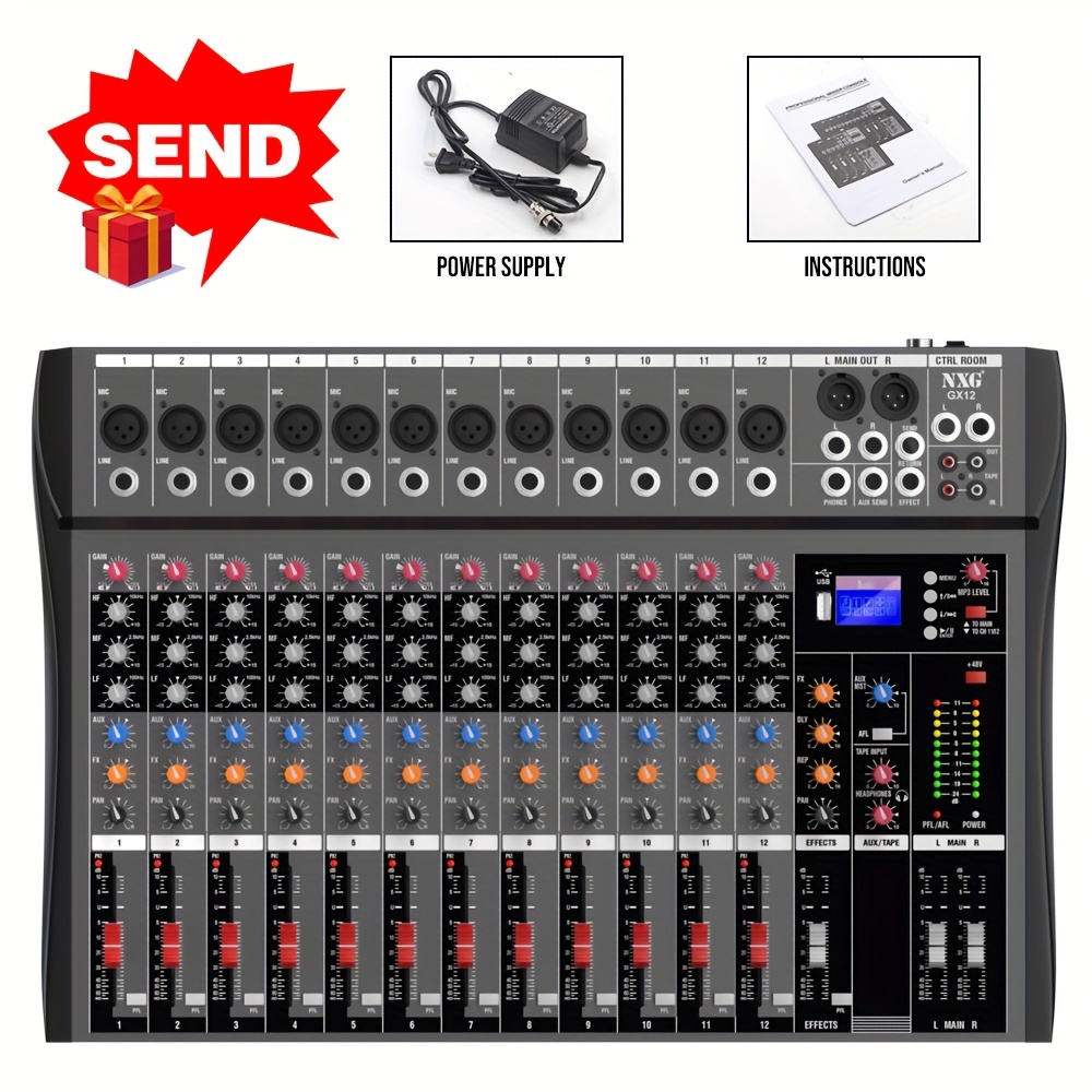professional dj audio mixer 12 channel controller recording console with usb interface xlr microphone line input aux effect processor mp3 player headphone jack suitable for karaoke live streaming and recording  
